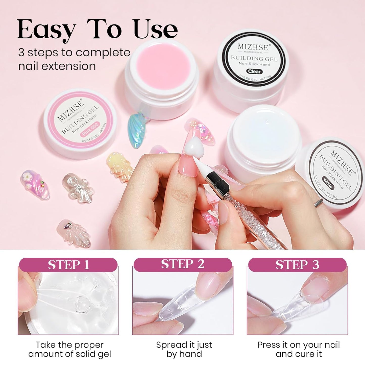 MIZHSE Solid Builder Gel for Nails, Clear Non-Sticky Sculpting Gel, 3D Nail Art Carving Building Modeling Hard Nail Extension Soak Off UV/LED Nail Art Salon Home DIY 15g