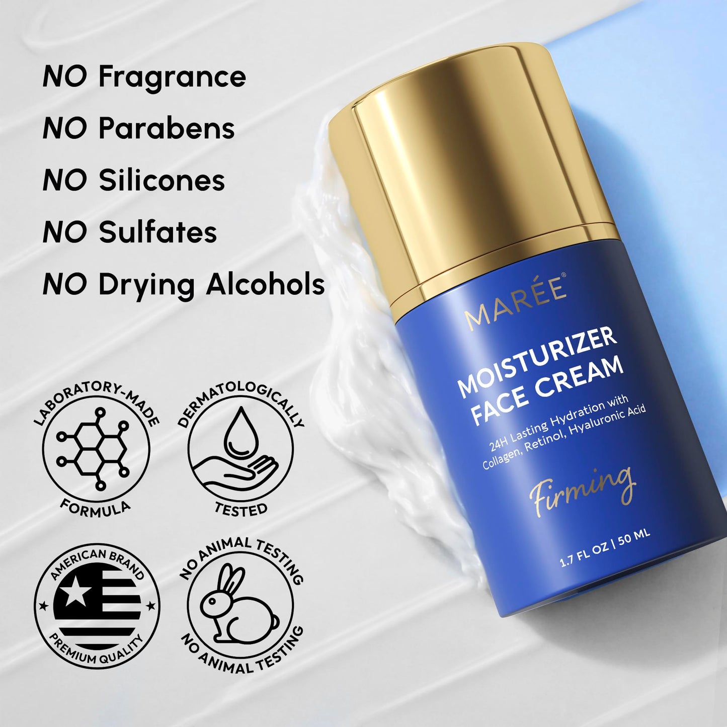 MAREE Face Moisturizer – 24H Hydration Face Cream for Women with Collagen, Retinol & Hyaluronic Acid – Day & Night Anti-Aging Facial Wrinkle DD Cream – Moisturizer for Dry Skin – Crema Para la Cara