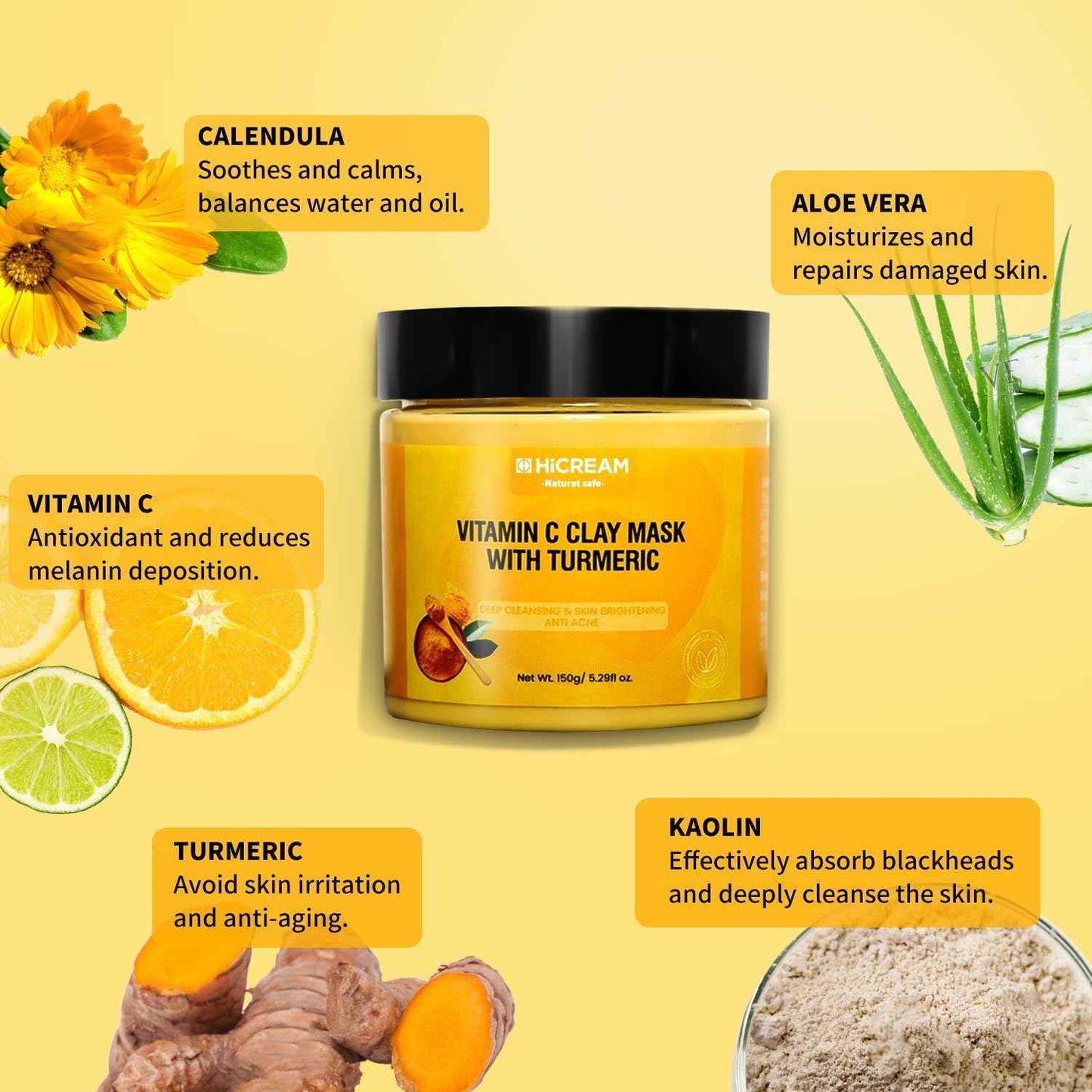 Hicream Turmeric Vitamin C Clay Mask with Kaolin Clay and Turmeric for Dark Spots, Dull Skin, Skincare Facial Mask for Controlling Oil and Refining Pores 5.29 Oz (yellow)