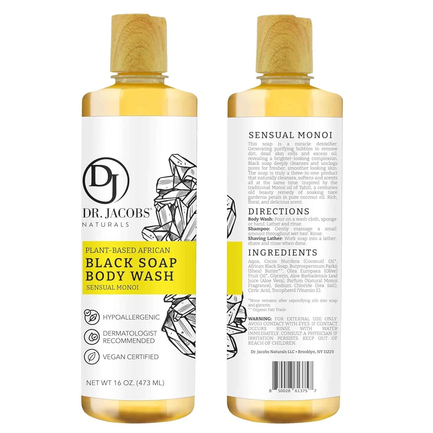 Dr Jacobs Naturals Authentic African Black Liquid Soap with Sensual Monoi Scent | All-In-One Face Wash, Sensitive Skin Body Wash, Shampoo, Shaving Soap | Moisturizing and Nourishing Formula | 16oz 2pk
