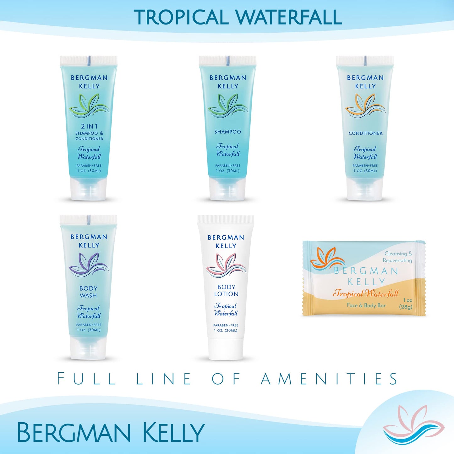 BERGMAN KELLY - Hotel Soap Bars - Tropical Waterfall, 1 oz, 100 PK - Travel Size Luxury Bulk Amenities Bar Soap - Mini Individually Wrapped Rectangular Soap, Small Toiletries for Airbnb & Motel