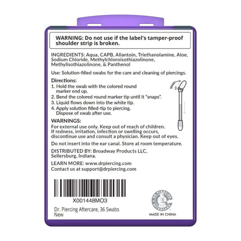 Dr. Piercing Aftercare Swabs - Liquid-Filled Saline Solution for Bump Care and Daily Cleansing - Easy Snap-and-Use Design for Ear, Nose and Body - 72 Count (2-Pack)