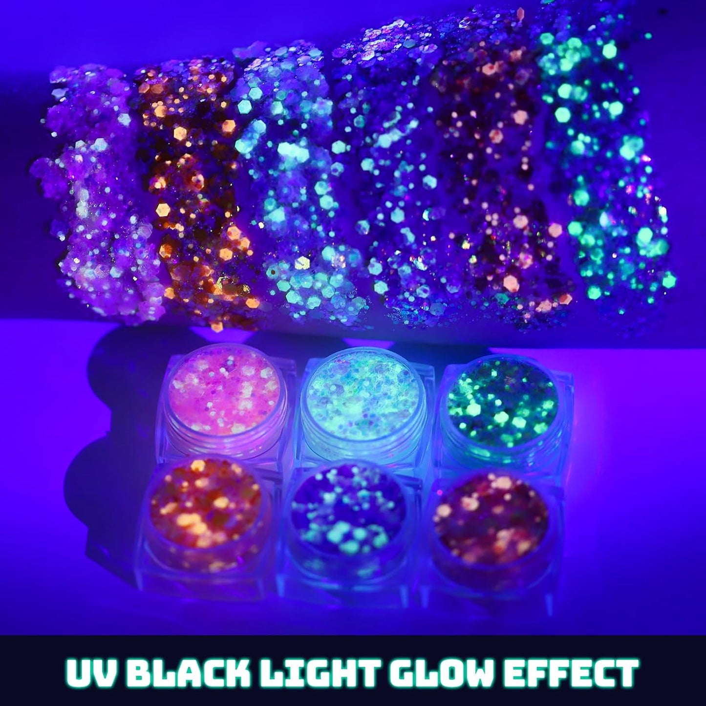 Teenitor 6 Colors Glow in The Dark Glitter Gel, Face Glitter Gel, Body Glitter Hair Glitter for Halloween Makeup UV Black Light Party Cheer Raves Festivals