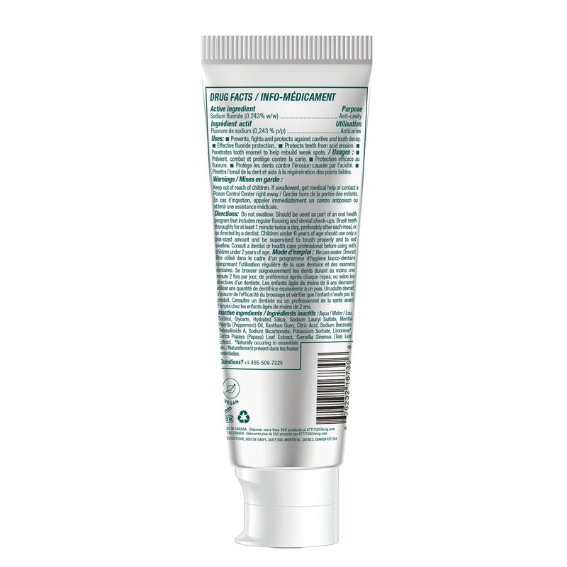 Attitude Fresh Breath Toothpaste with Fluoride, Peppermint Flavor, EWG Verified, Vegan & Cruelty-Free, Sugar-Free, Plant & Mineral-Based Ingredients, Clean Oral Care, 4.2 Oz