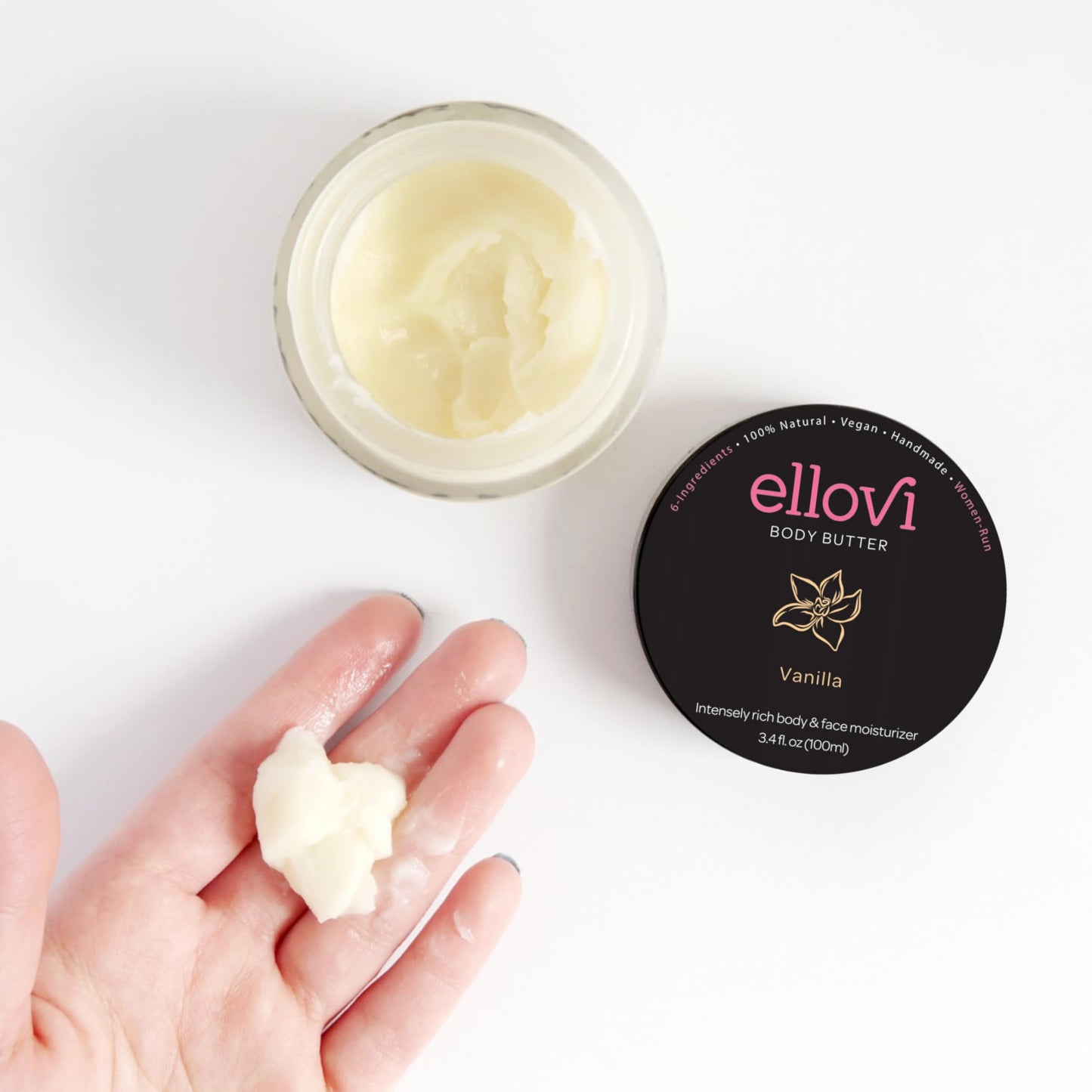 Ellovi All-Natural Body Butter - Vanilla - Pure Enough to Eat - Made With Just 6 Vegan Ingredients - Ultra-Rich 100% Plant-Based Hydrating Moisturizer For Naturally Healthy Skin (3.4 fl. oz/100ml)