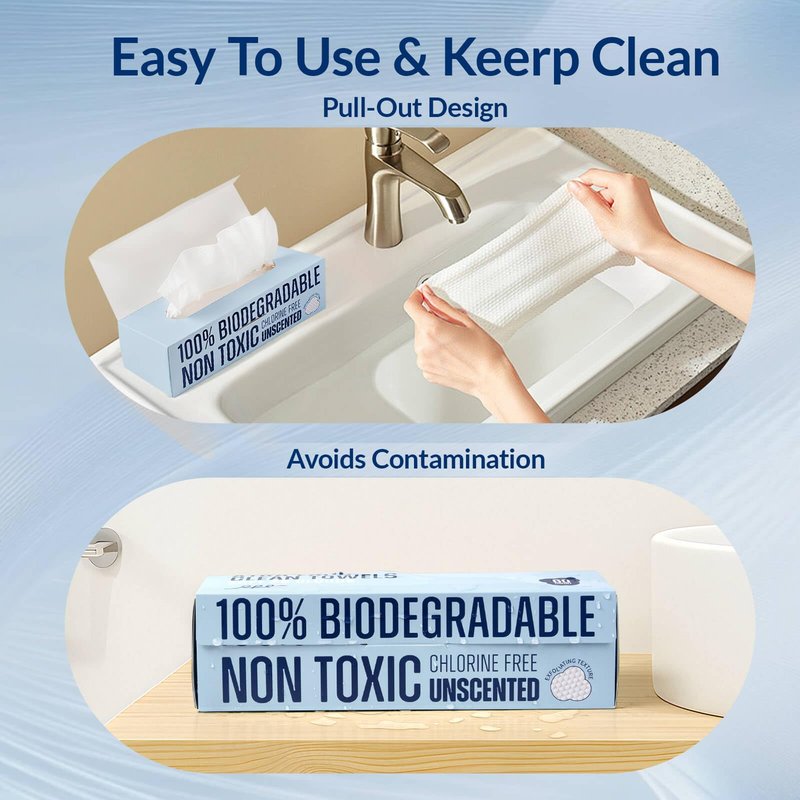 Clean XL Disposable Face Towels 11.8"×7.8", 100% Biobased Biodegradable Viscose, Ultra Soft & Hygienic Facial Towelettes for Makeup Removal and Skincare, Safe for All Skin Types, 120 Count, 2 Packs