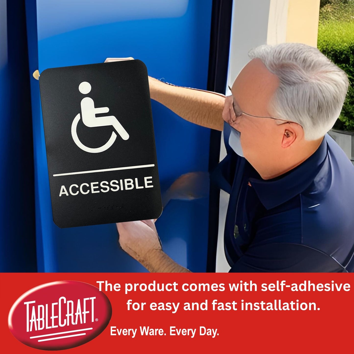 TableCraft 695630 Women Handicap Accessible Bathroom Sign, ADA Compliant with Braille, Raised Text and Symbols, Self-Adhesive, Polystyrene, 6" x 9", Black, 1-Pack