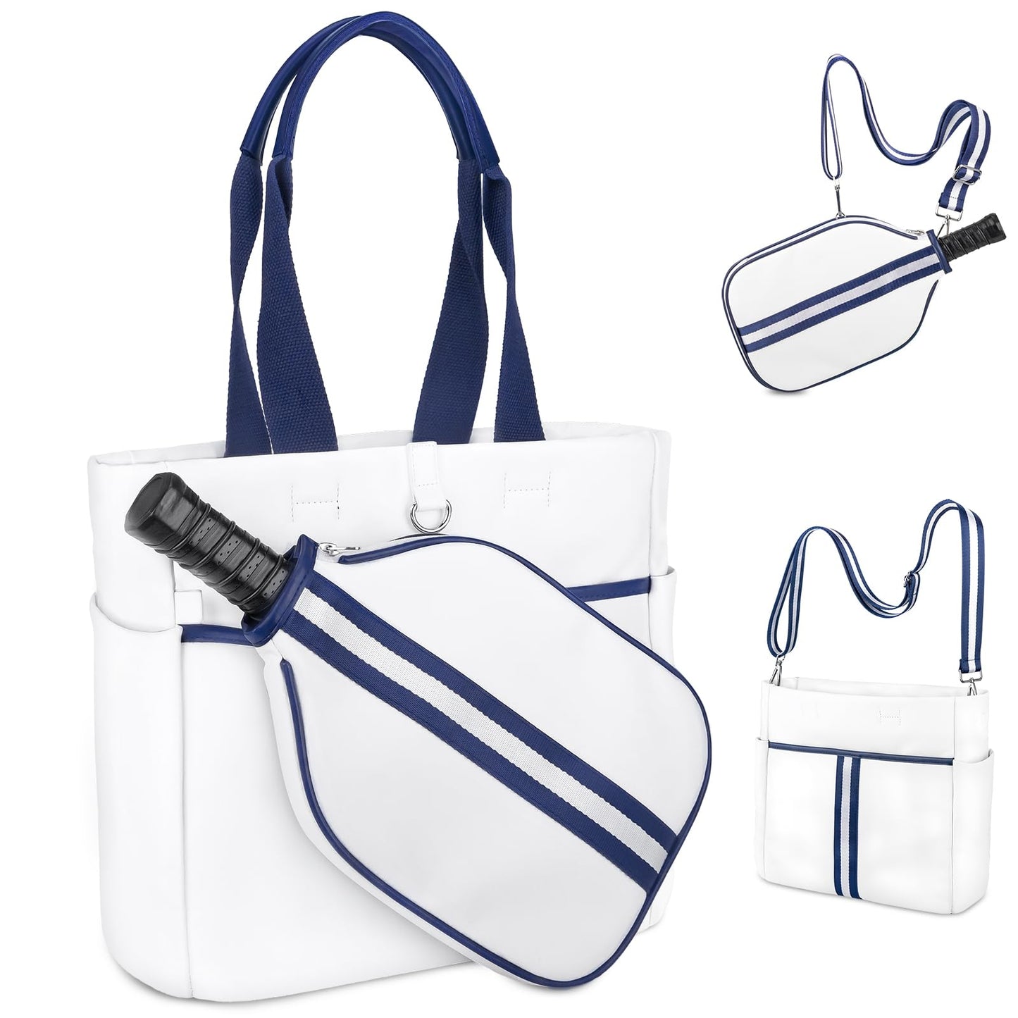 MetroTesco Pickleball Bag for Women Men, PU Leather Sports Pickle Ball Bags, Crossbody Sling Tote with Removable Shoulder Strap, Gift for Pickleball Enthusiasts (Navy White)