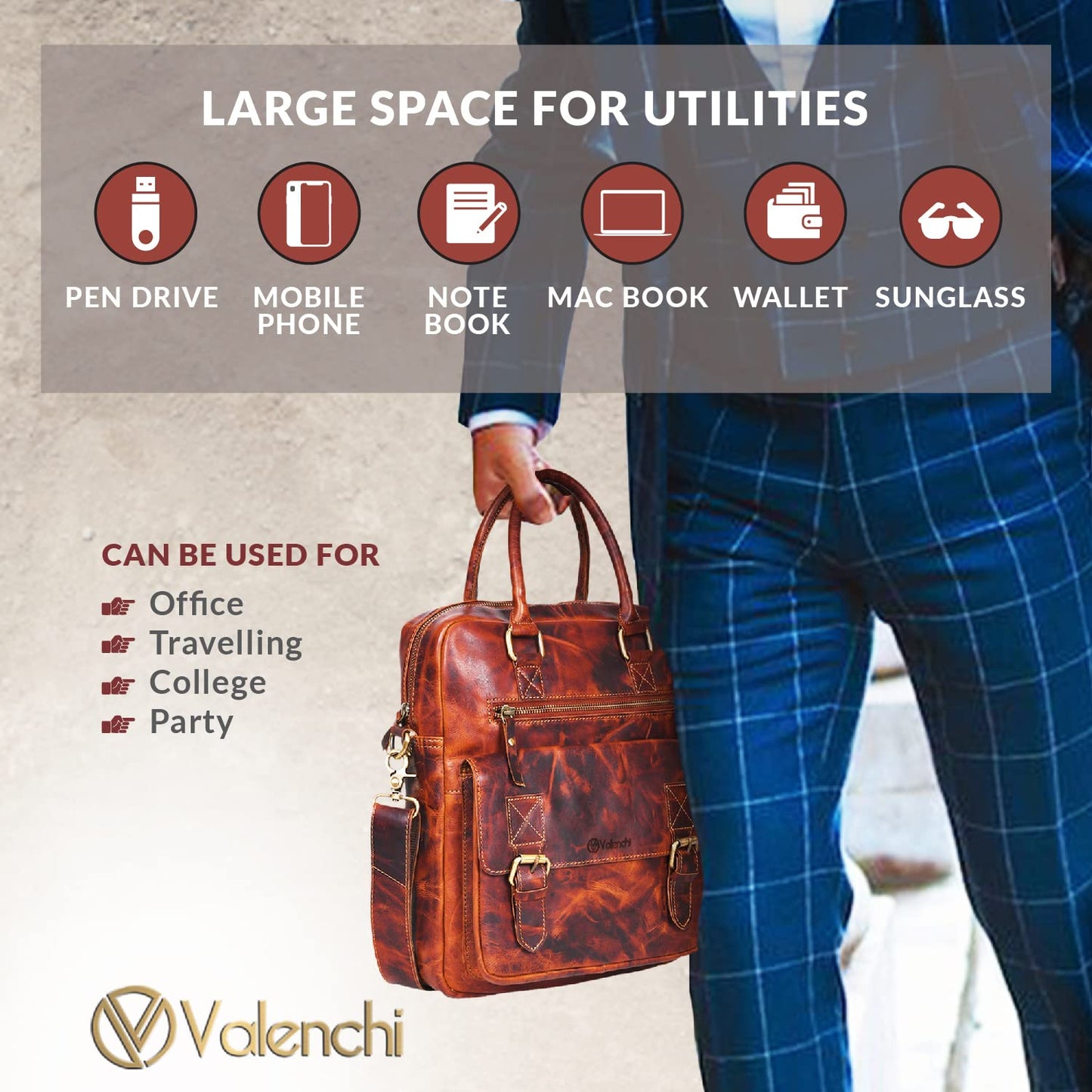 VALENCHI Leather Messenger Bag For Men - Laptop Messenger Briefcase & Shoulder Bag-Office, Work, Travel