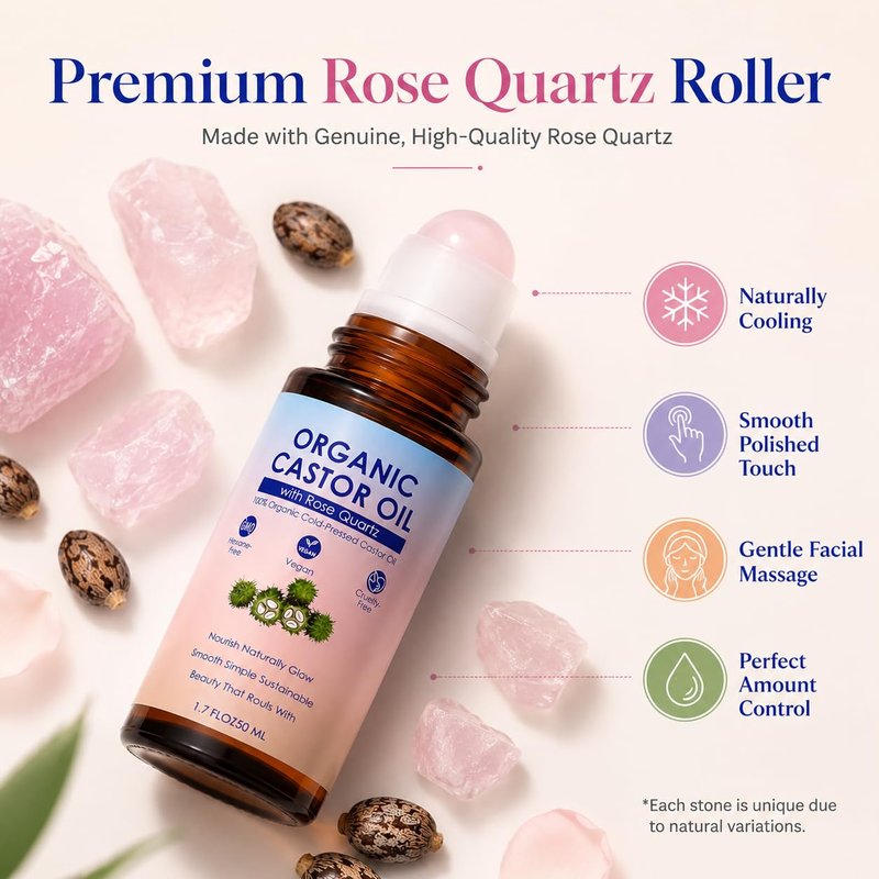 SDXJIOGE Organic Castor Oil with Rose Quartz Roller, 100% Pure Cold-Pressed, Organic Castor Oil Roll On Rose Quartz, Hexane-Free,Amber Glass Bottle for Skin 1.7oz (2)