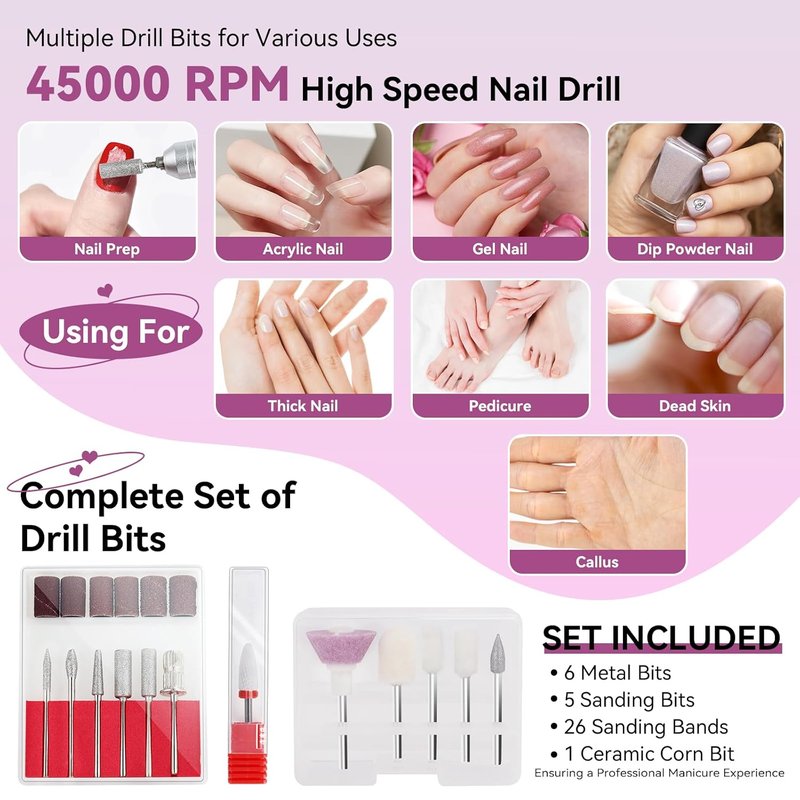 Electric Nail Drill Kit - Professional 45000RPM Rechargeable Nail File with Complete Bits for Acrylic & Gel Polishing | Portable 2000mAh Machine