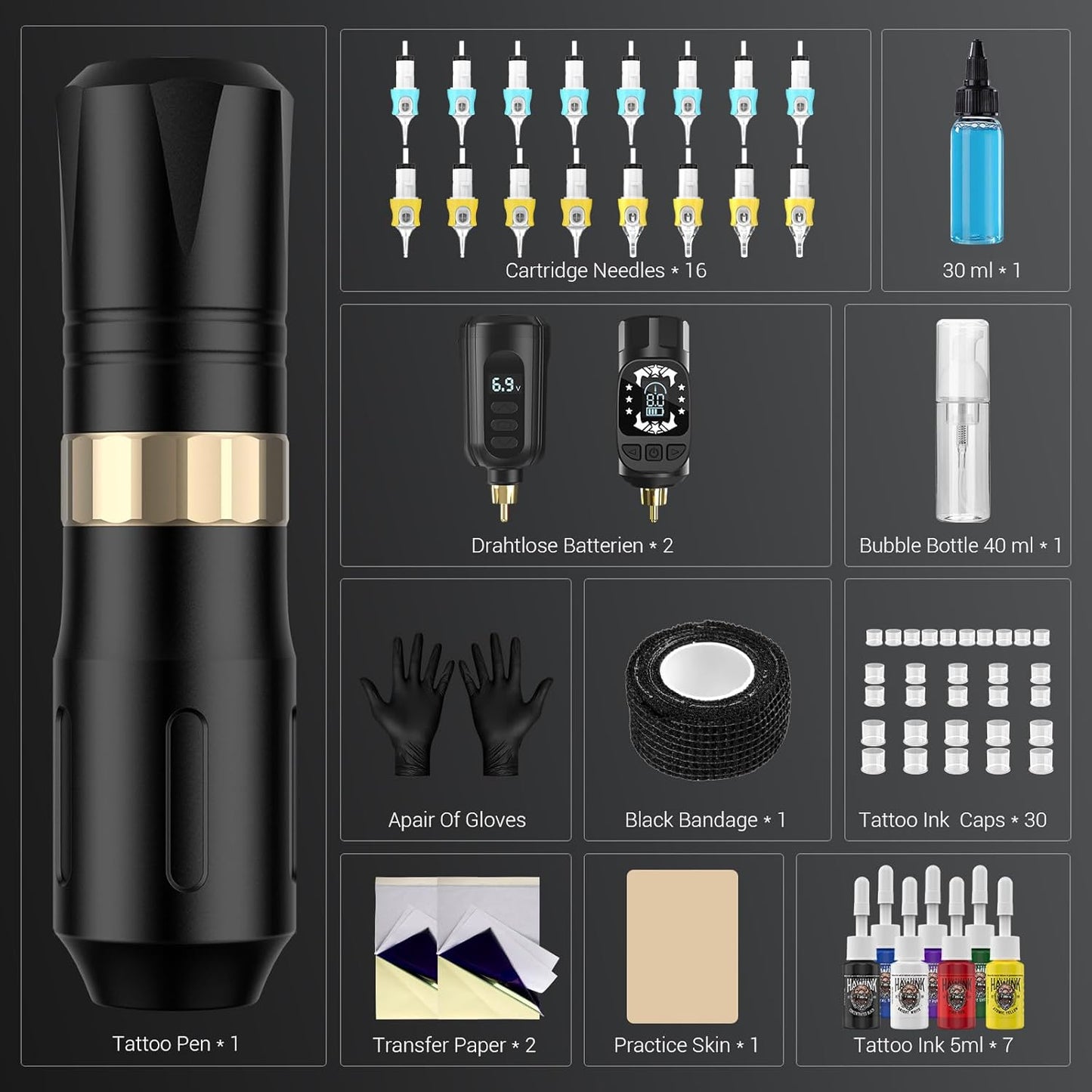 Wireless Tattoo Machine Pen Kit - Complete Tattoo Gun Set with 2 Batteries, 16 Needles & 7 Ink Colors