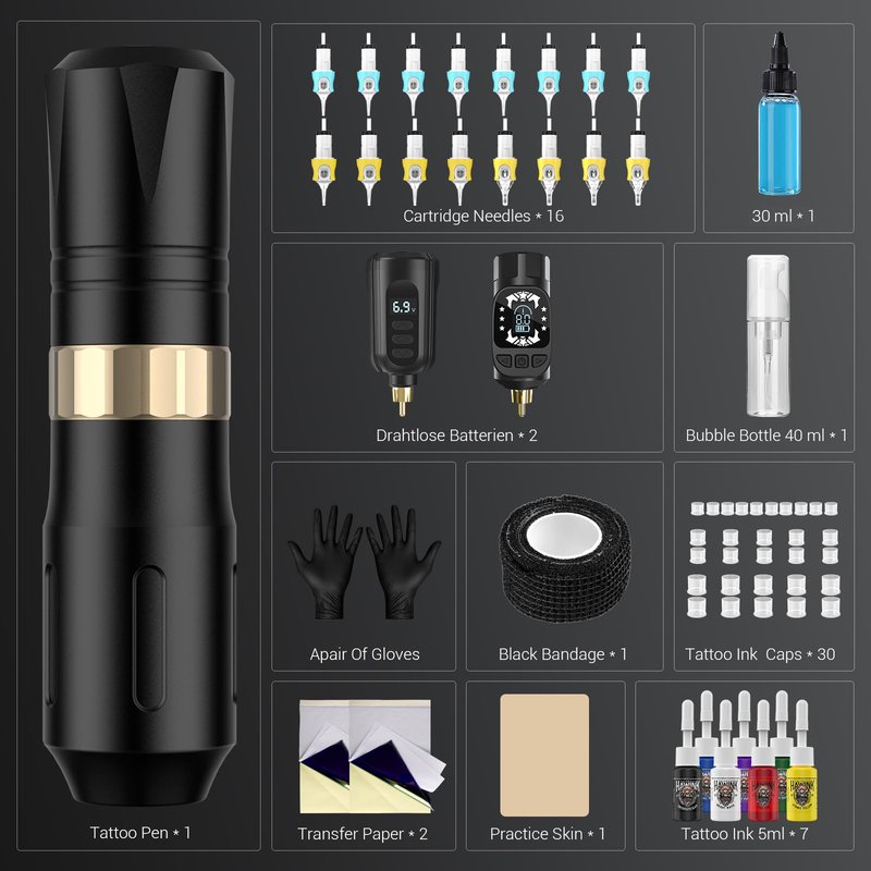 HAWINK Tattoo Pen Kit Rotary Gun Machine with Tattoo Power Supply 20Pcs Cartridge 7 inks 154KITP199-1
