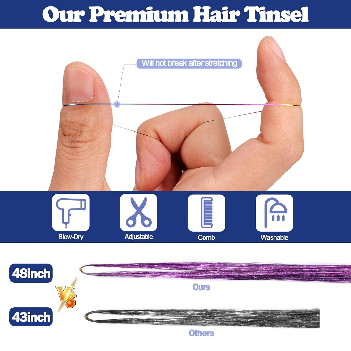 16 Colors Hair Tinsel Kit, ELASO 48 Inches 3300 Strands Tinsel Hair Extensions, Fairy for Christmas Halloween Cosplay Party, Highlights Sparkling Glitter Hair
