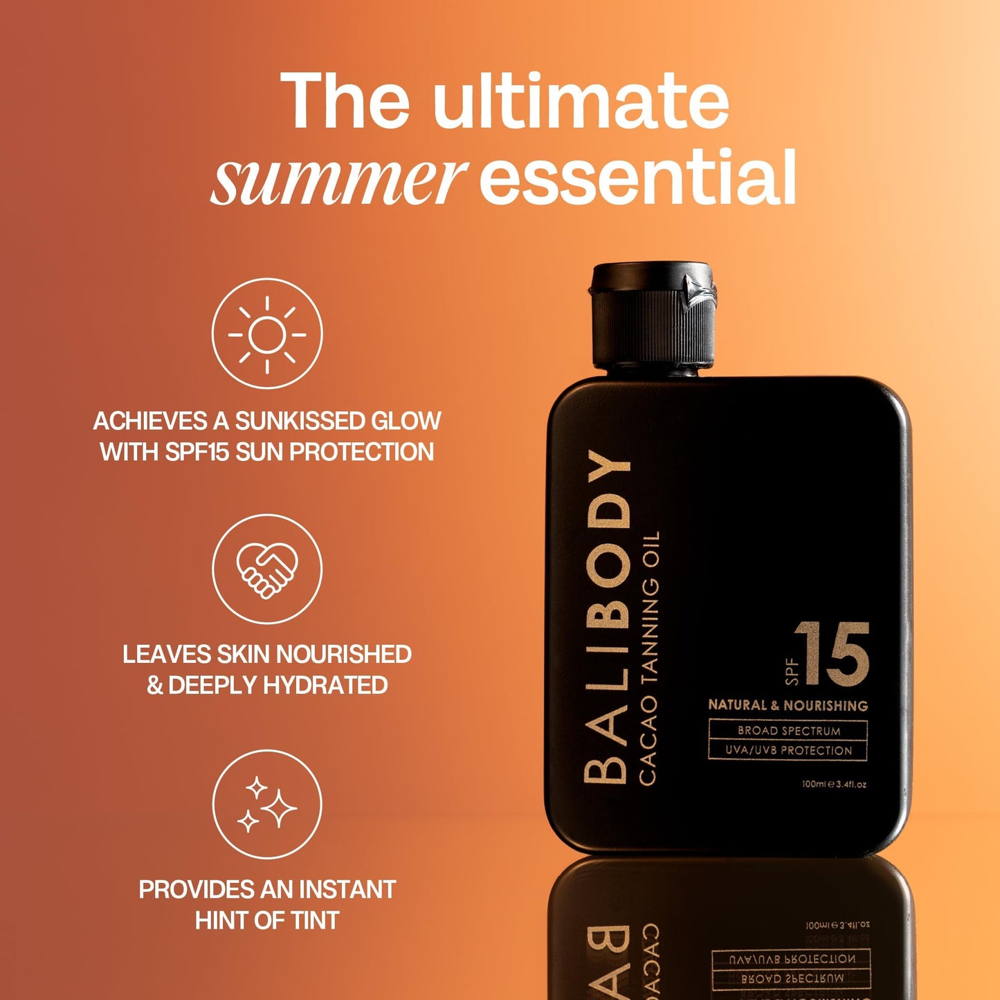 Bali Body Cacao Tanning Oil SPF 15 | For Deep Natural-Looking Sun Tan Glow | Hydrating Sun-Tanning Oil Made from Organic Cacao, Chocolate Tint | Vegan, Cruelty Free, Australian Made (100ml/3.4 fl oz)