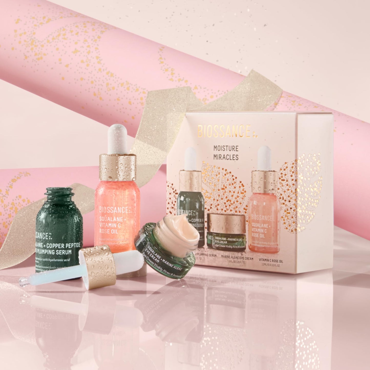 Biossance, Moisture Miracles Holiday Gift Set, Vitamin C Rose Oil, Marine Algae Eye Cream, Copper Peptide Rapid Plumping Serum, facial skincare set