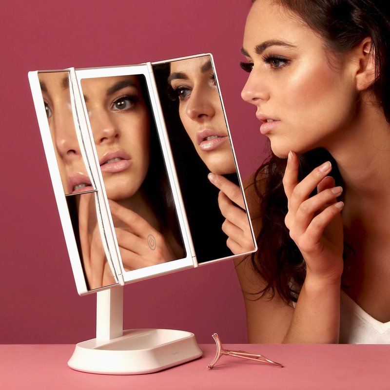 Fancii Makeup Mirror - Lighted Trifold Vanity Mirror with 5X & 7X Magnification | 40 Dimmable LED Lights, Touch Screen, White