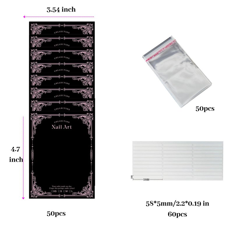Press On Nail Packaging Kit for Long Nails – Y2K 50 Display Cards with Bags & Tape – Nail Tech Supplies for for Gothic & Baddie Nailfies Nail Salon Studio Manicure Business(Black, 3.54*4.7)