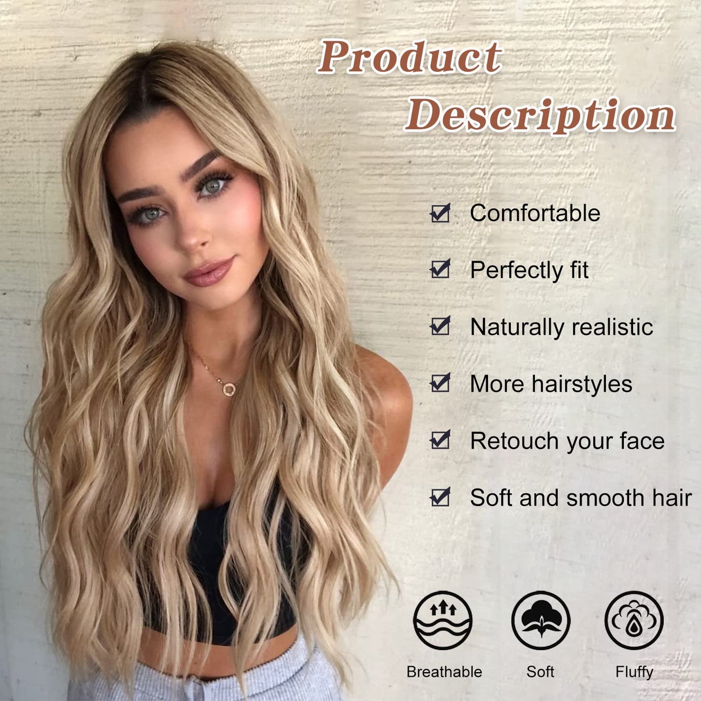 AISI QUEENS Long Blonde Wigs for Women, Ombre Blonde Wavy Synthetic Curly Hair Wigs Natural Looking Middle Part Heat Resistant Fibre for Daily Party Use 24 Inch
