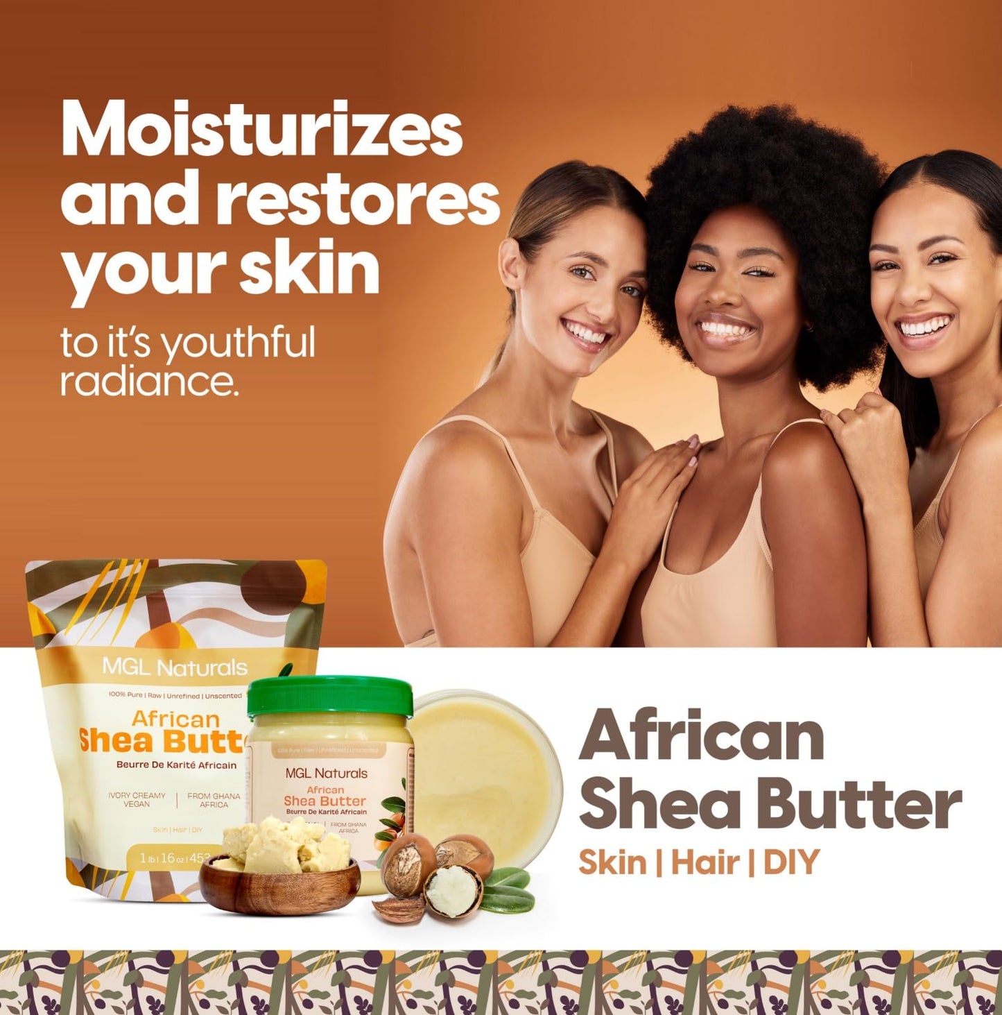 MGL Naturals Raw African Shea Butter Ivory 2.2 lb, 100% Pure, and Unrefined. Nourish and moisturize hair and skin. Use alone or DIY recipes. From Ghana, West Africa. (2.2 lb | 1 kg | 35.3 oz)