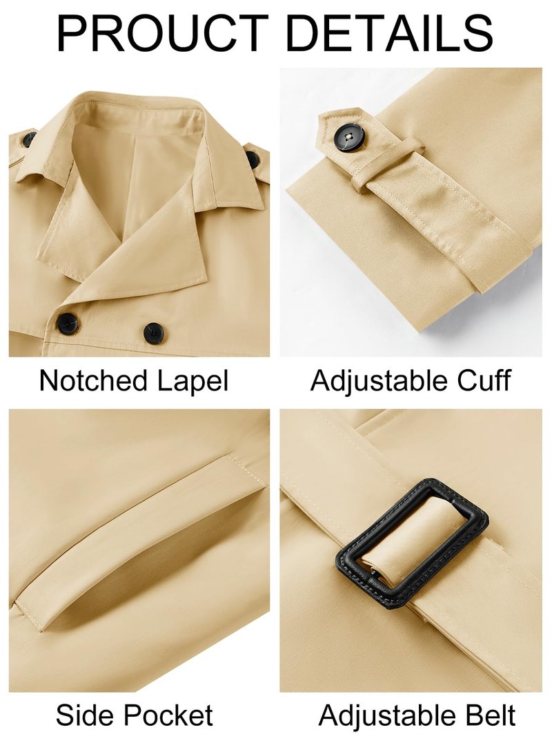Pretifeel Mens Trench Coat Slim Fit Double Breasted Long Jacket Notched Lapel Belt Fall Windproof Coat Navy Blue