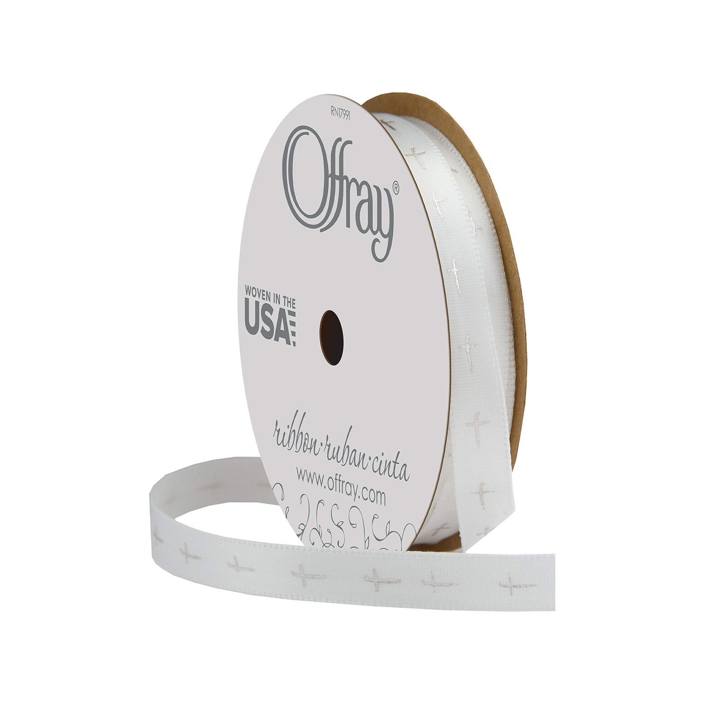 Offray Simple Cross Craft Ribbon, 3/8-Inch x 15-Feet, White & Silver
