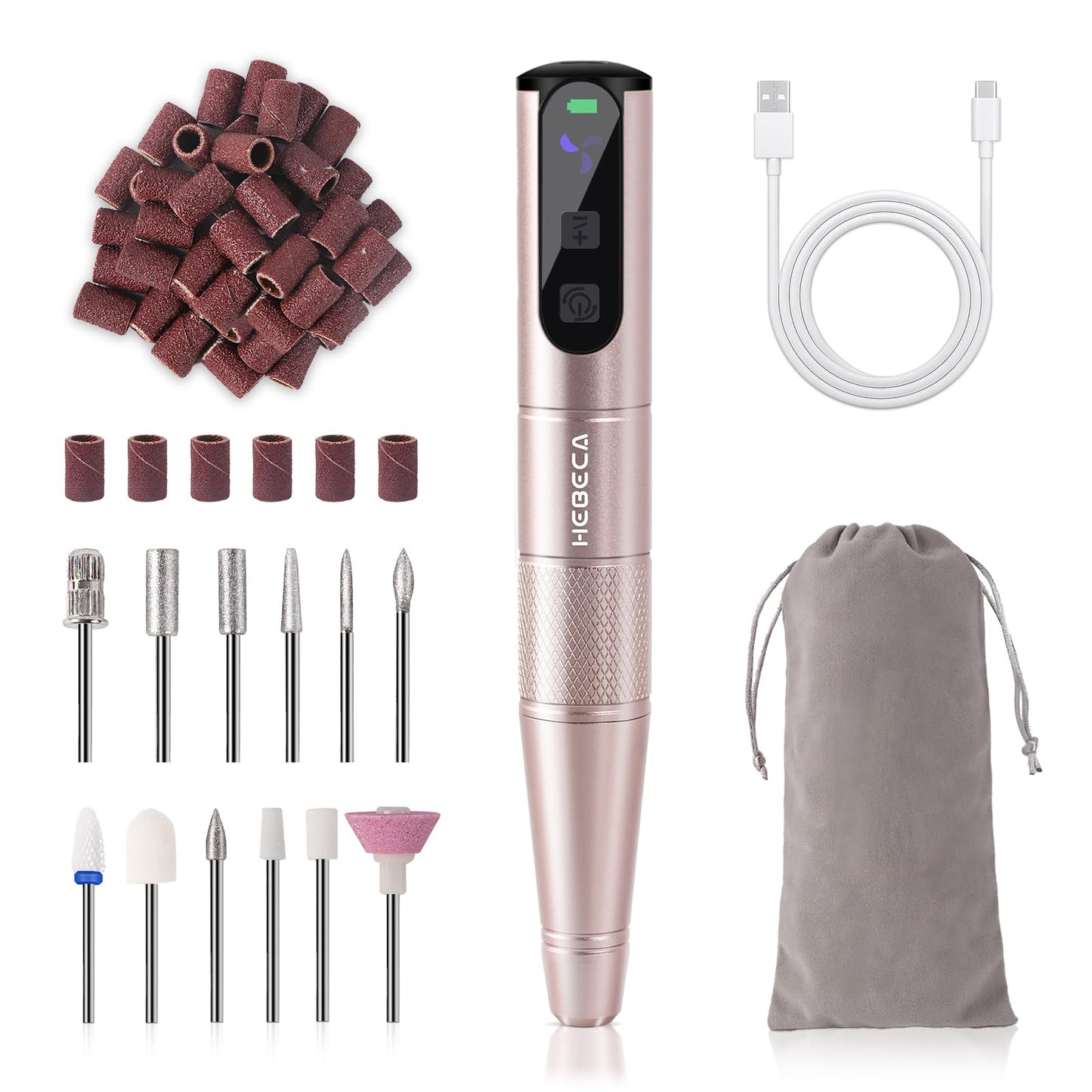 HEBECA Cordless Nail Drill Set, Electric Nail Files and Buffers Drill Nails for Natural or Acrylic Gel Nails - Rechargeable Nail File Nail Drill Machine Manicure Nail Dremel Kit (Gold)
