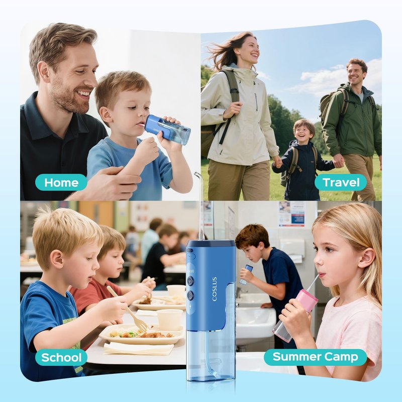 COSLUS T40 Portable Water Flosser for Kids: 4 Gentle Modes for Ages 6+, Braces & Sensitive Teeth - with Fun DIY Stickers, 4 Storable Nozzles, Mini Compact for Home School & Travel, BPA-Free, Blue
