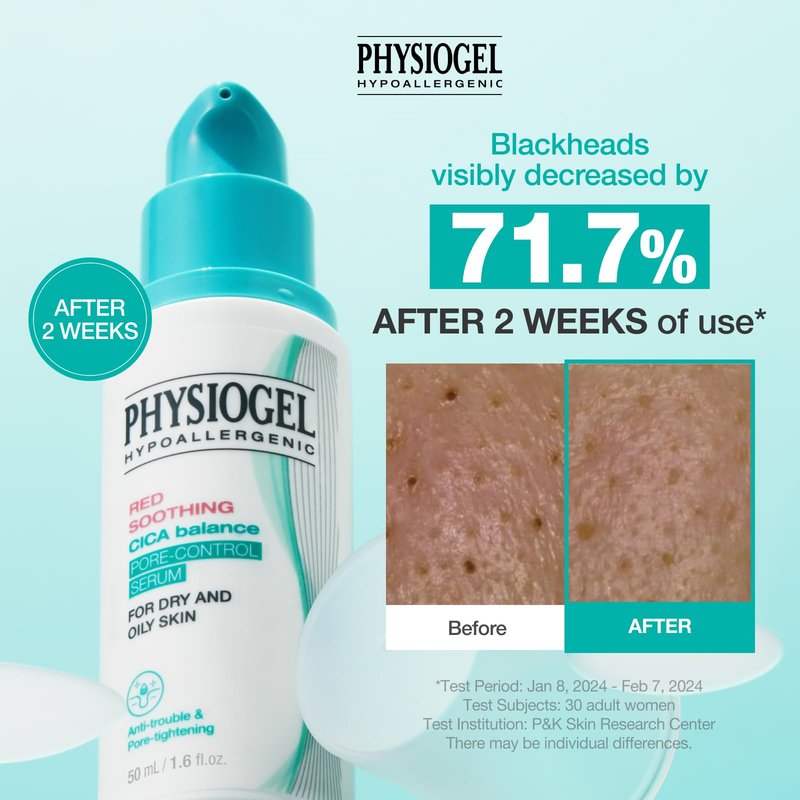 Physiogel Red Soothing CICA Balance Pore-Control Serum, Niacinamide Facial Exfoliant for Blackheads, Pore Minimizer Serum for Face, Korean skin care, 1.69 fl.oz