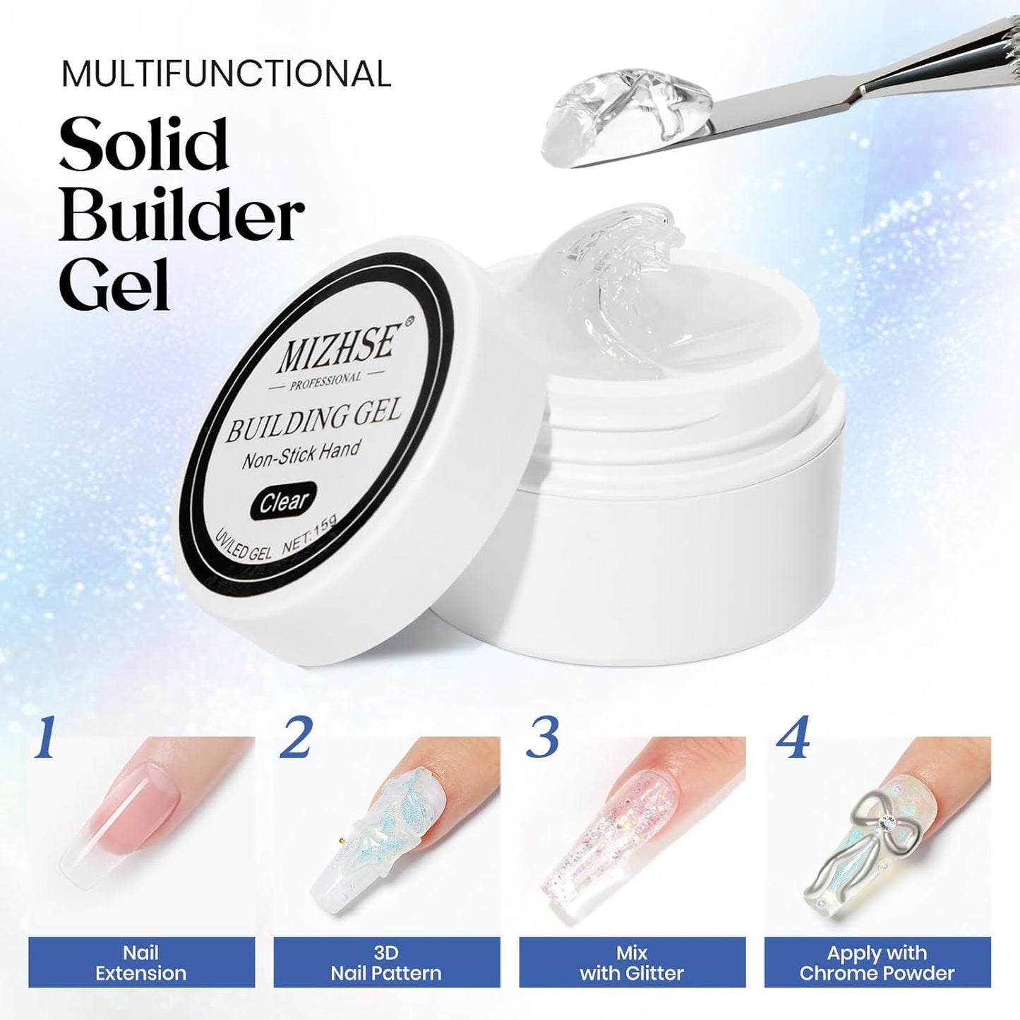 MIZHSE Solid Builder Gel for Nails, Clear Non-Sticky Sculpting Gel, 3D Nail Art Carving Building Modeling Hard Nail Extension Soak Off UV/LED Nail Art Salon Home DIY 15g