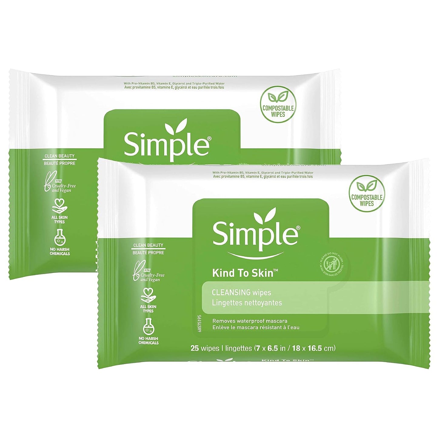 Simple Kind to Skin Cleansing Wipes Micellar Gentle and Effective Makeup Remover Free from color and dye, artificial perfume and harsh chemicals 25 Wipes