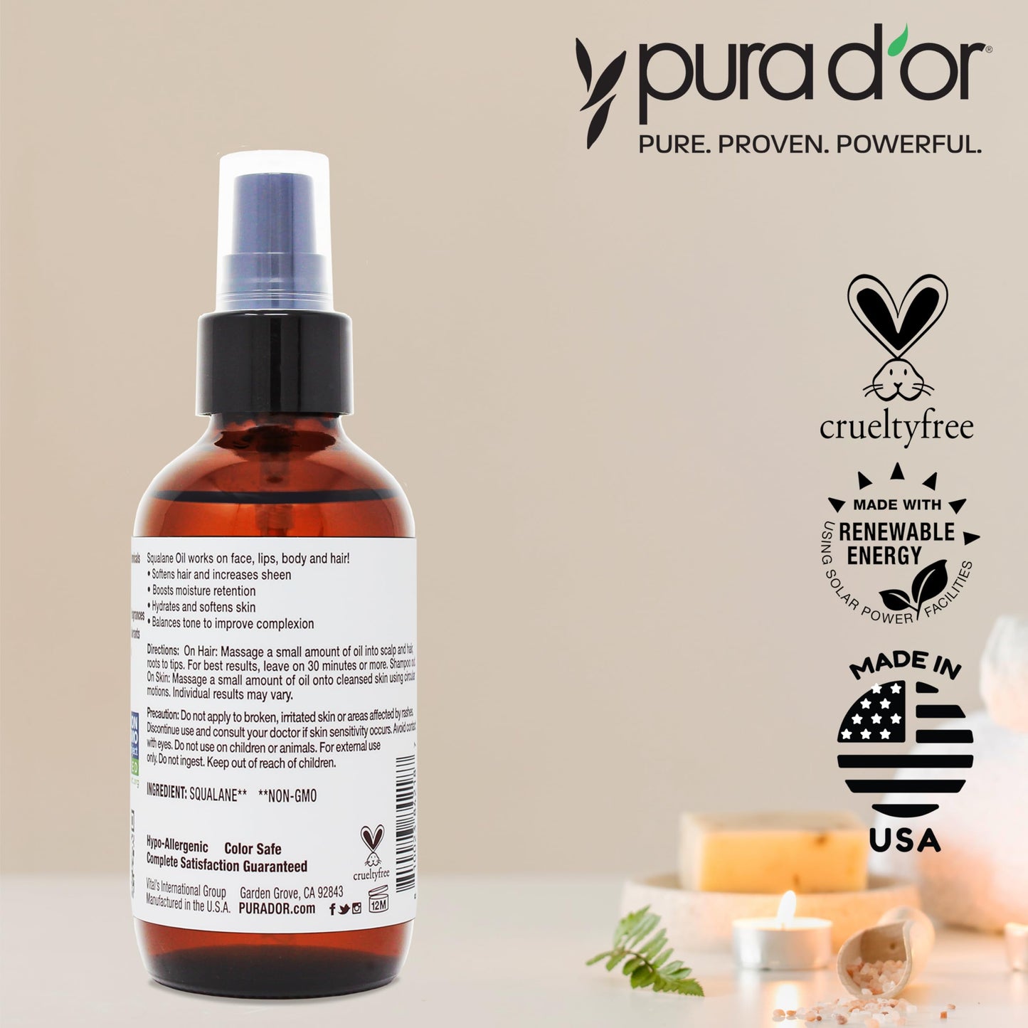 PURA D'OR 3.38 Oz Squalane Oil - Non-GMO 100% Pure & Natural - Moisturizer For Face, Hair And Body - Vegan, Cruelty-Free with Anti-Aging Benefits - Men & Women - Travel Size, Ayurvedic Skin Care