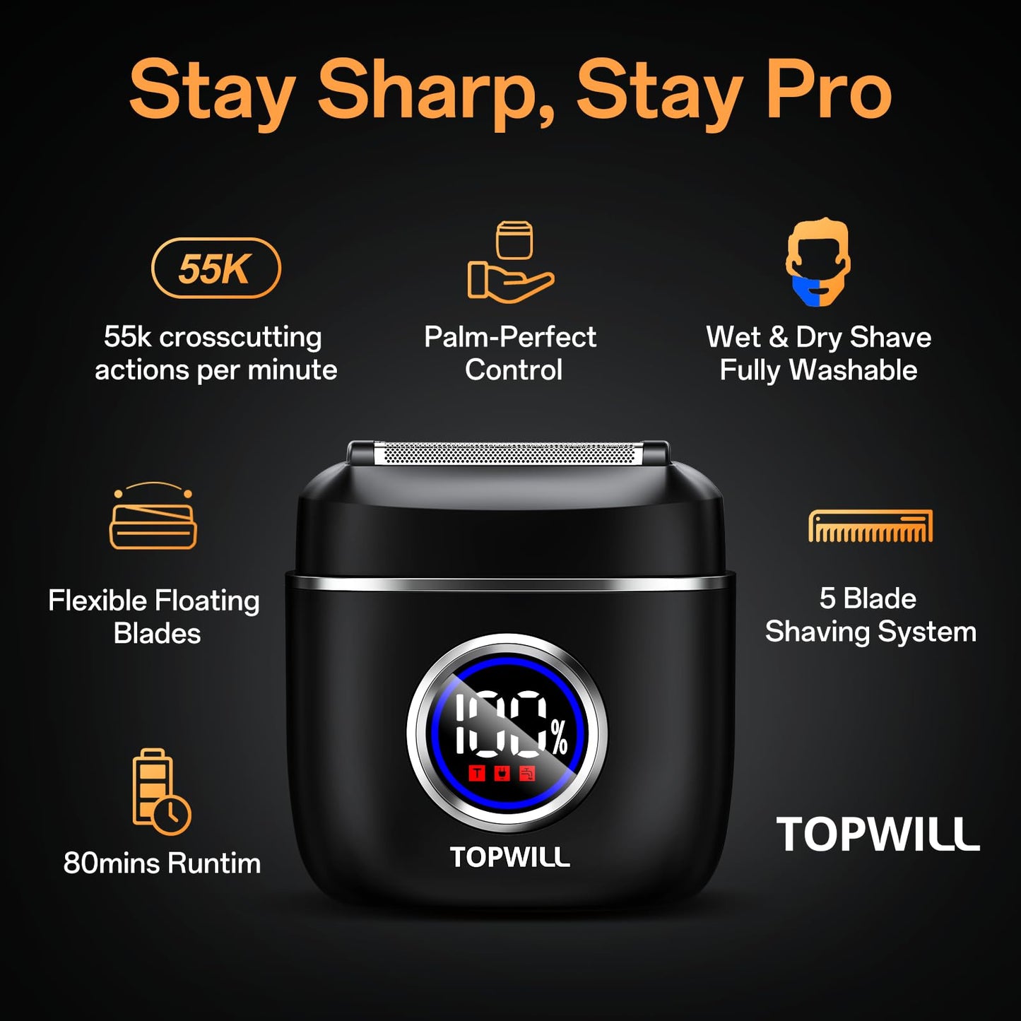 Electric Razor for Travel Men – 5 Blade Portable Foil Shaver with High-Speed Motor for Beard & Mustache Close Shave, Waterproof Wet/Dry Use, Mini Cordless USB-C Rechargeable, Black