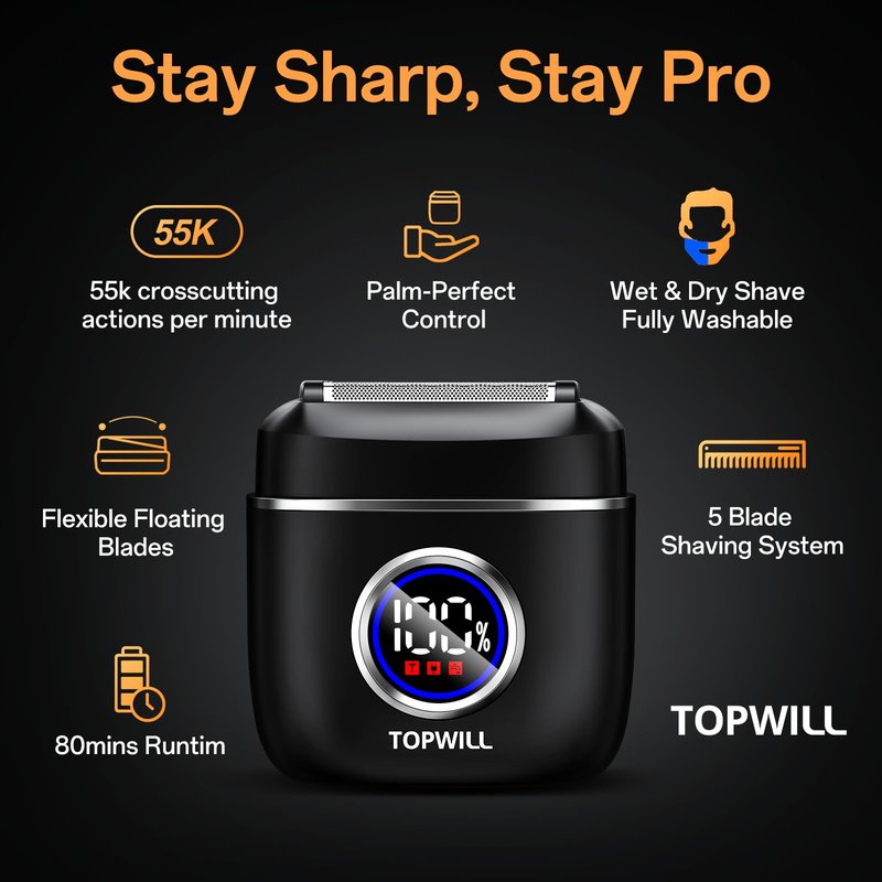 Electric Razor for Travel Men – 5 Blade Portable Foil Shaver with High-Speed Motor for Beard & Mustache Close Shave, Waterproof Wet/Dry Use, Mini Cordless USB-C Rechargeable, Black