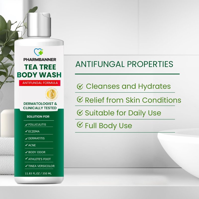 PHARMBANNER Tea Tree Antifungal Body Wash – Soothes Folliculitis, Acne, Jock Itch, Athlete’s Foot, Ringworm, Tinea Versicolor, Body Odor, Eczema & Dermatitis-Prone Skin