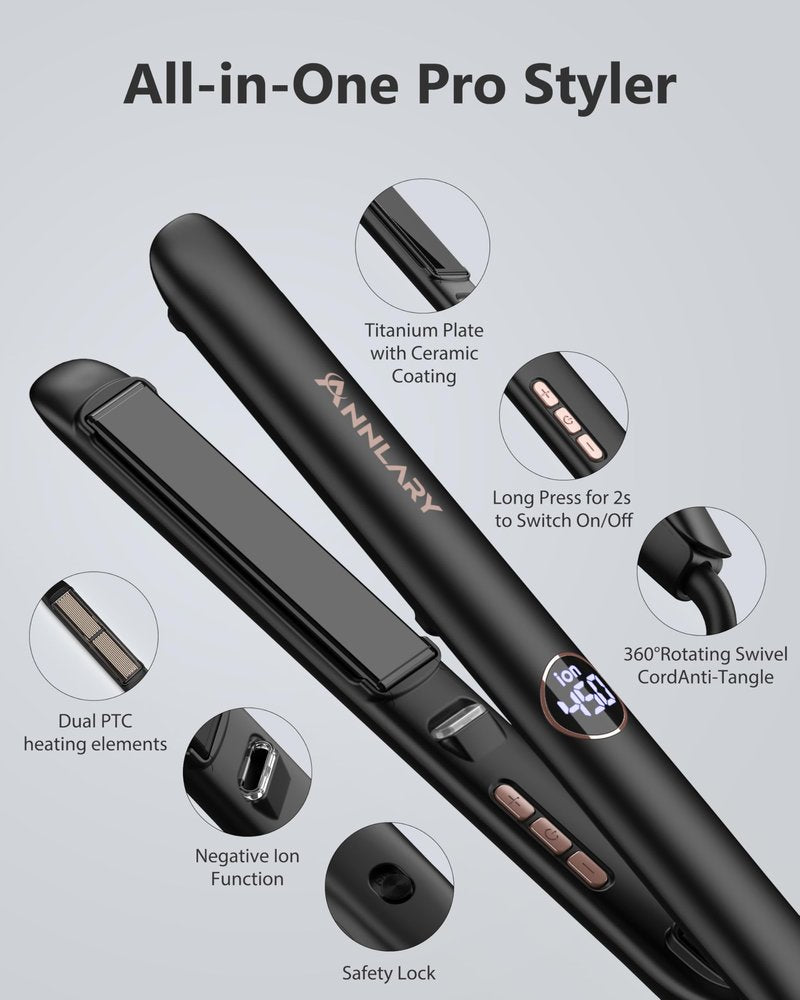 Annlary Hair Straightener, 1 Inch Flat Iron Hair Straightener and Curler 2 in 1, Professional Ceramic Ionic Dual Voltage Flat Iron with Anti-Iron Silicone for Less Frizz, Shinier & Smoother Hair