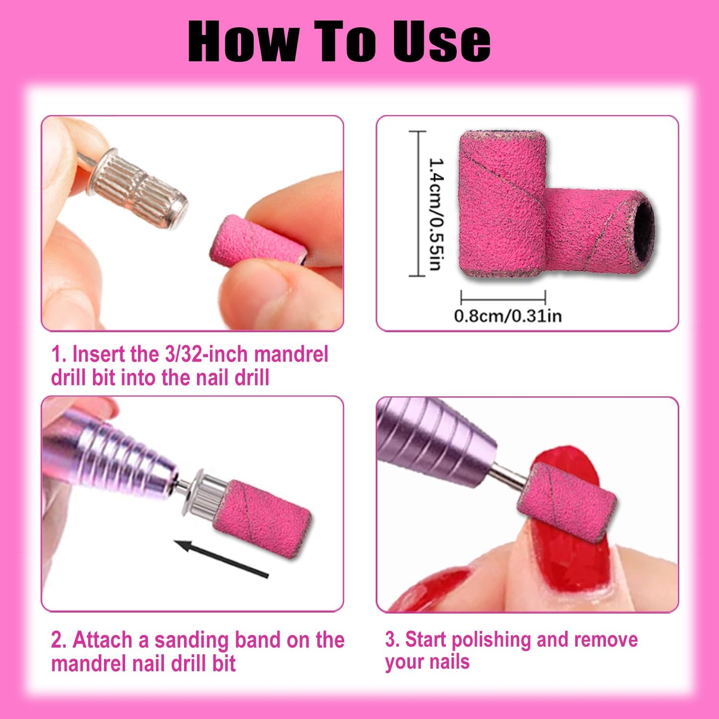 Nail Drill Bits, 135 Pcs Sanding Bands for Nail Drill, Nail Tips for Drill Bits Nail Tech, Mix 80#120#180#240# Fine Grit File Sanding Bands for Acrylic Gel Manicures Pedicure