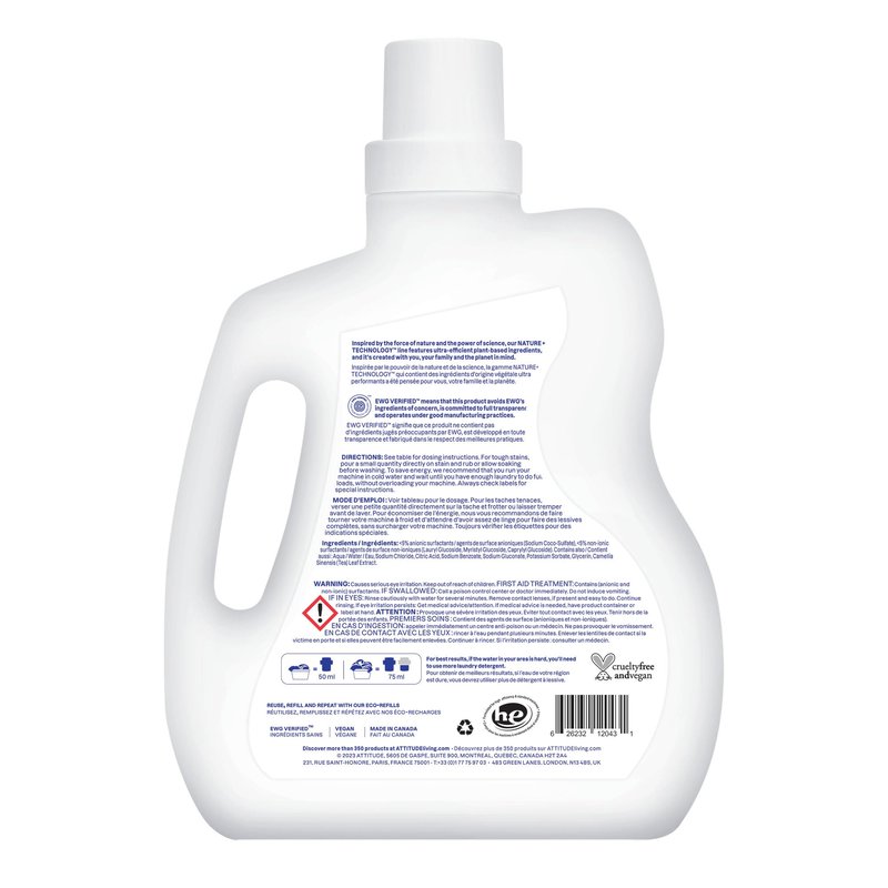 ATTITUDE Liquid Laundry Detergent, EWG Verified, HE Compatible, Plant-Based & Vegan, Natural Laundry Soap, Unscented, 40 Loads, 67.6 Fl Oz