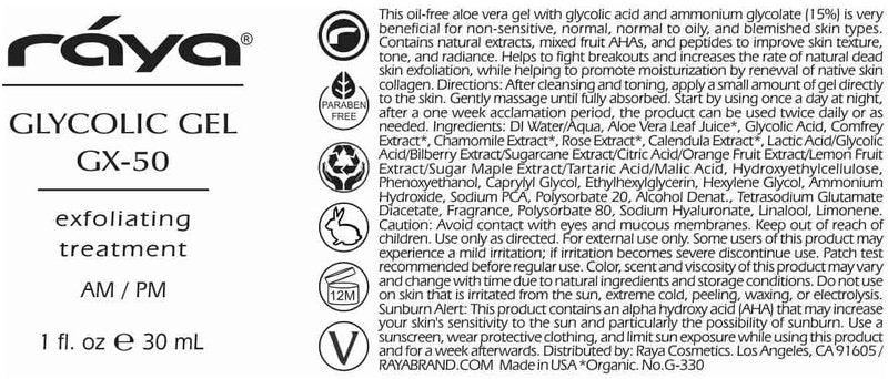 Raya Glycolic Gel GX-50 | Face Exfoliator & Serum | Against-Wrinkle Facial Serums with AHA for Oily & Break-Out Skin | Clears Blemishes, Reduces Oiliness & Fine Lines