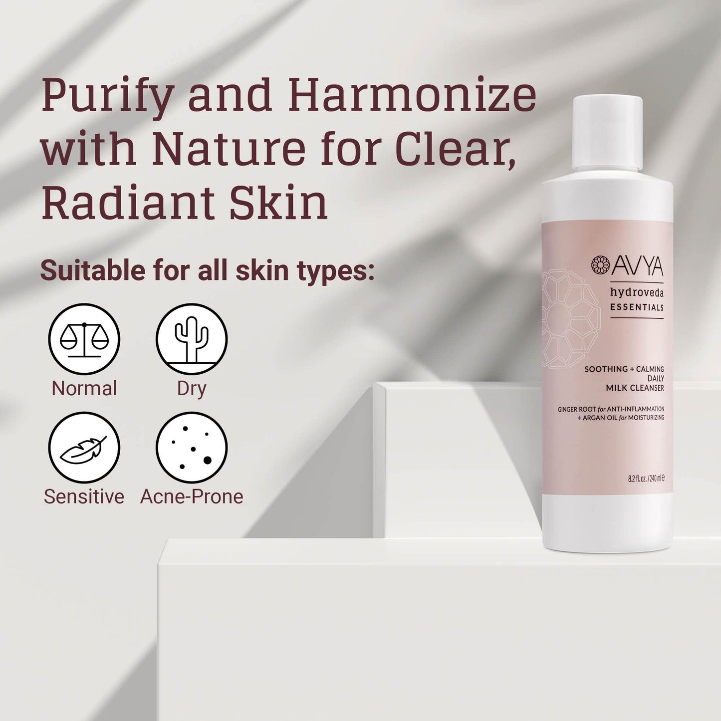AVYA Hydroveda Essentials Daily Milk Cleanser (8.2oz) - Advanced Ayurvedic Skincare/Removes Makeup and Impurities for Natural Radiance/Ginger Blend Great for Sensitive Skin