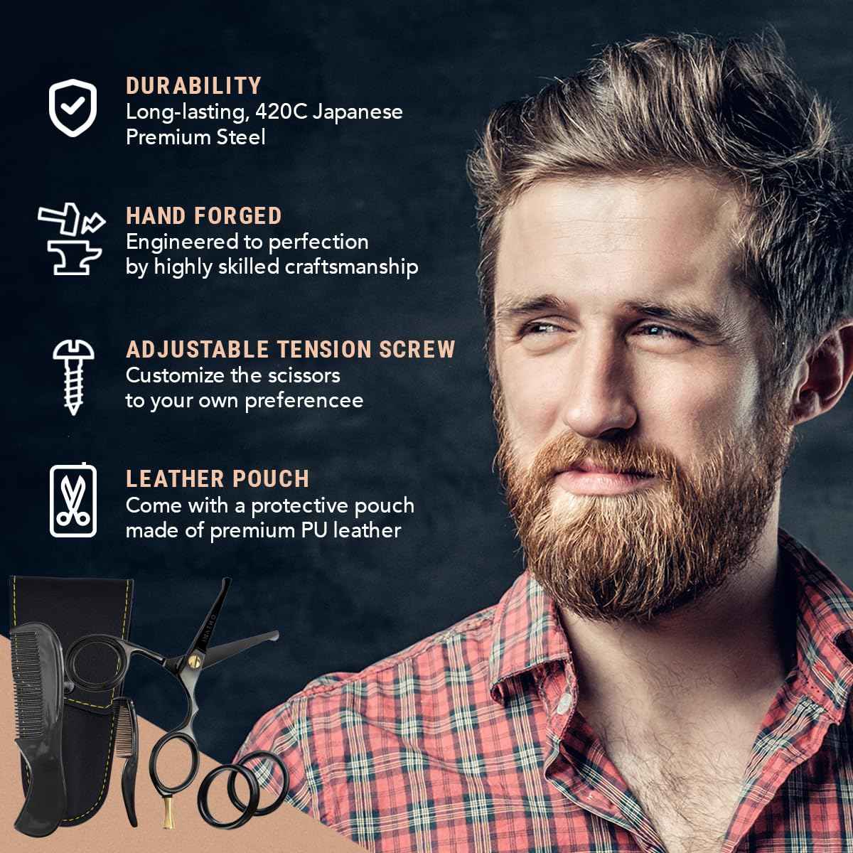 Ontaki Mustache Scissors - 4.2" Black Japanese Steel - Beard & Nose Hair Trimming Scissors for Men - Rounded Tip Ergonomic Handles - Hand-Forged Mustache Grooming Kit