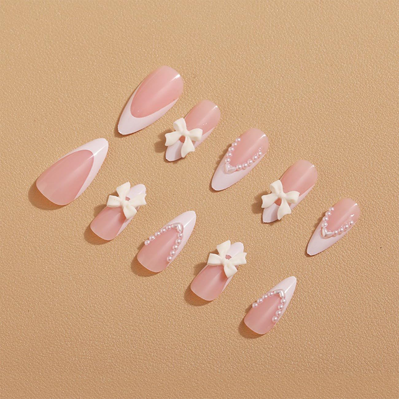 24pcs French Tip Press-On Nails - Short, Charms, Bow, Flower Design, Pink, Cute, Square Shape, Acrylic, Rhinestones
