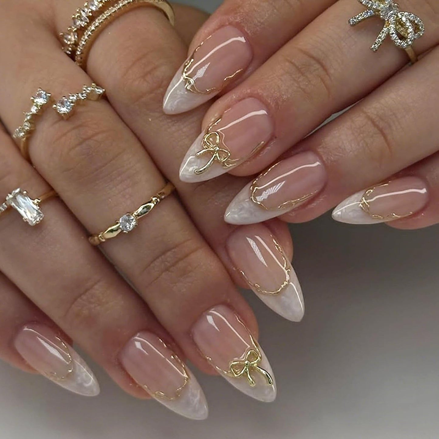 French Tip Almond Press-On Nails with Gold Bow | Reusable Glossy Acrylic False Nails for Women