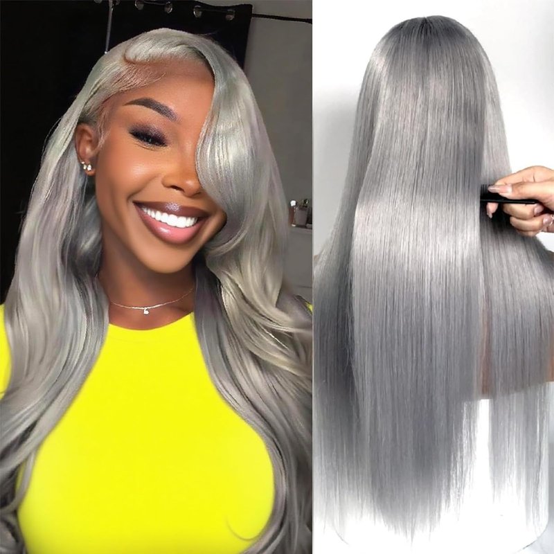 VIPPRETTY Grey 13x6 Lace Front Wigs Pre Plucked Hairline Long Natural Straight Synthetic Lace Front Wig Glueless HD Lace Wigs Heat Resistant Fiber 26 Inch