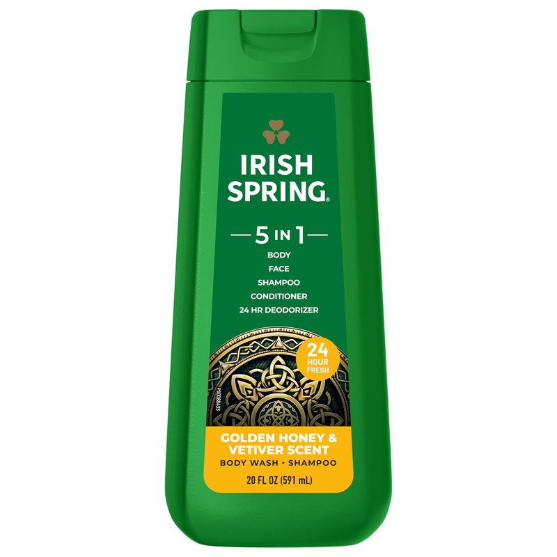Irish Spring 5 in 1 Moisturizing Body Wash for Men, Shampoo, Conditioner, Body and Face Wash, and 24 Hour Deodorizer, Paraben-Free, Golden Honey & Vetiver Scent, 20 fl oz, 4 Pack