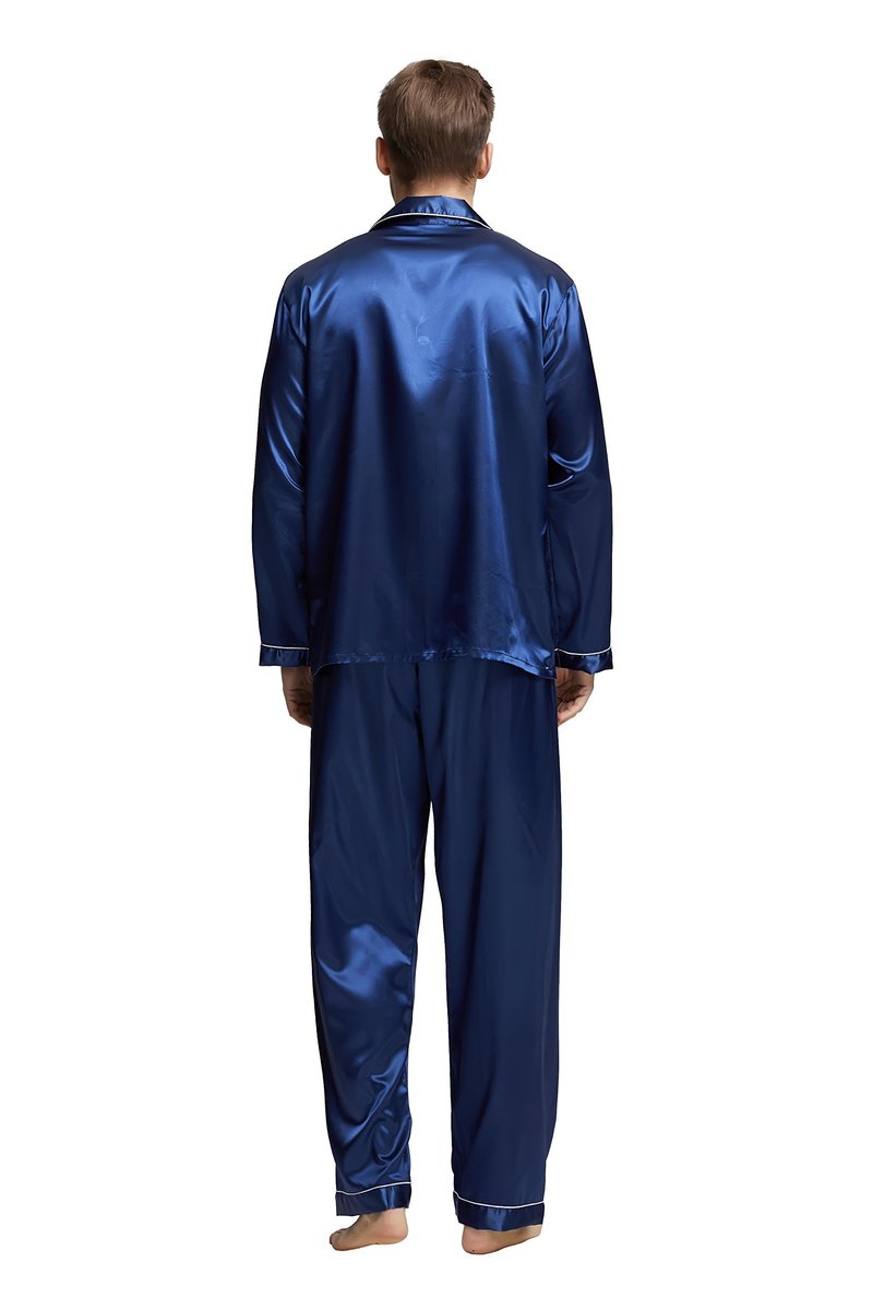 TONY & CANDICE Men's Classic Satin Pajama Set Sleepwear (Large, Blue with White Piping)