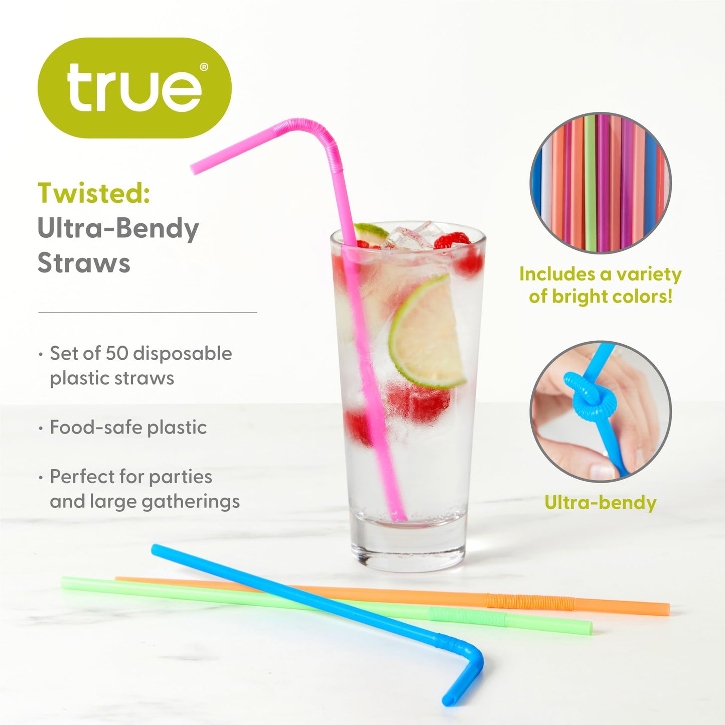 True Ultra Bendy Straw Disposable Flexible Long Plastic Straws for Cocktails Smoothies Iced Coffee, Home Bar, Party Supplies, Set of 50, Multicolor