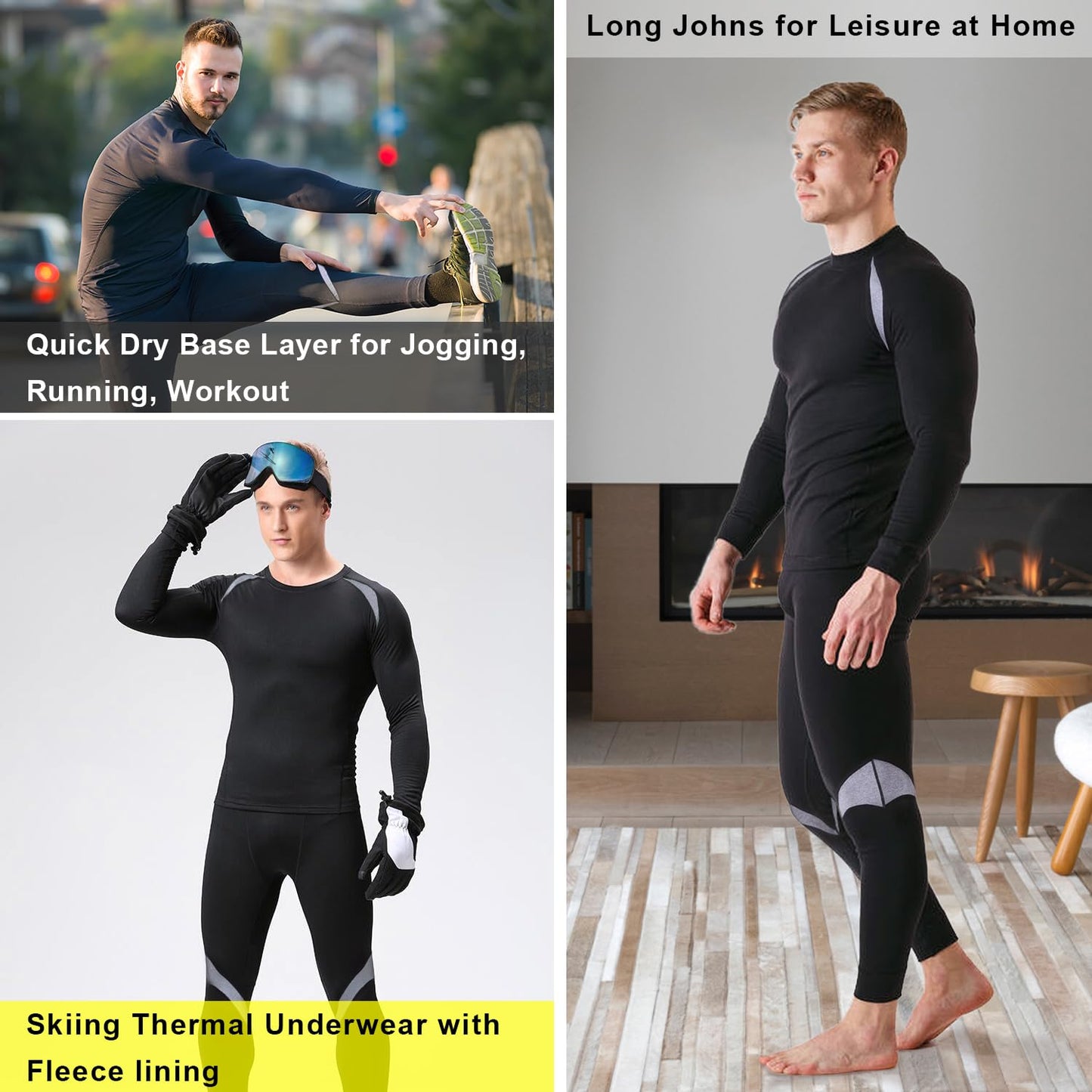 Muezna Men's Thermal Top and Bottom Set Underwear Long Johns Base Layer with Soft Fleece Lined Black