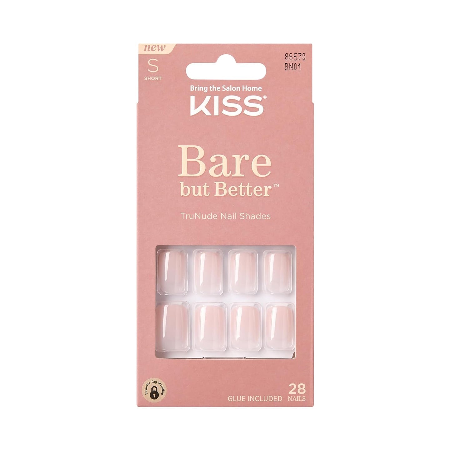 KISS Bare but Better Press On Nails, Glossy Pink, Short Length, Square Shape, 28 Fake Nails, Pink Gel Nail Glue Net Wt. 2g (0.07 Oz.), Mini Nail File, & Manicure Stick