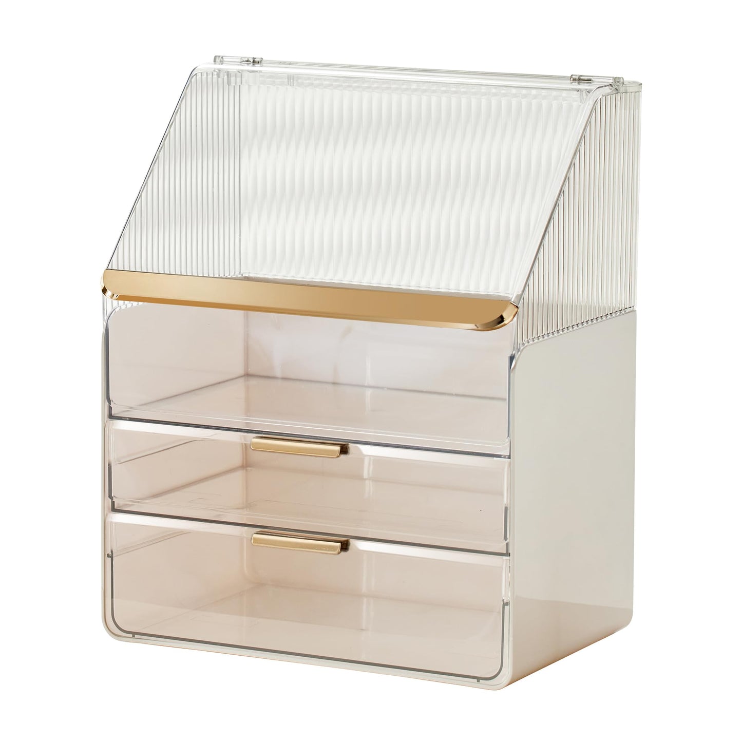 JOYMOOP Makeup Organizer with Transparent Cover, Skincare, Lipstick and Perfume Storage, Cosmetic Organizer, Makeup Box for Bathroom Countertop or Vanity Desk, White & Gold